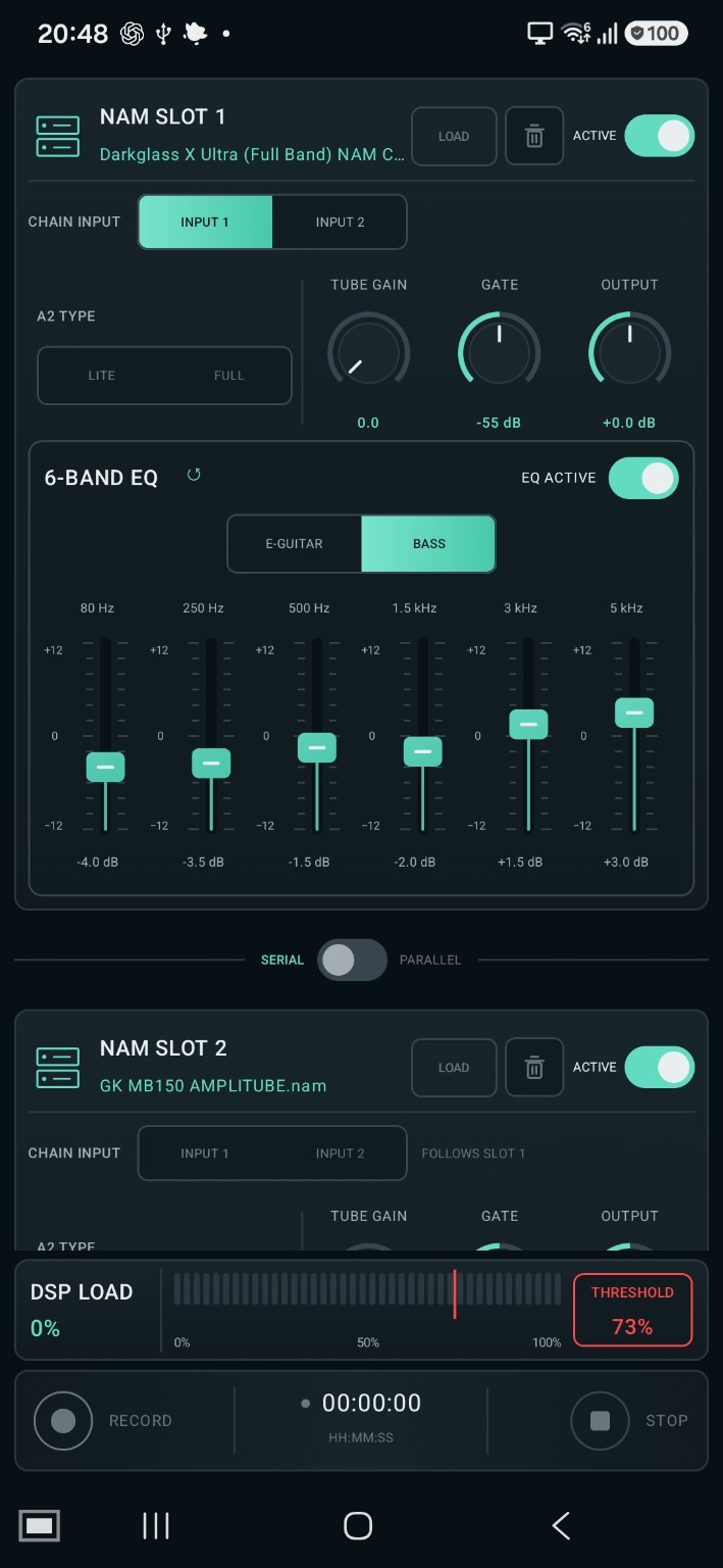 Two NAM A2 slots, independent EQ controls, serial or parallel routing and DSP load monitoring